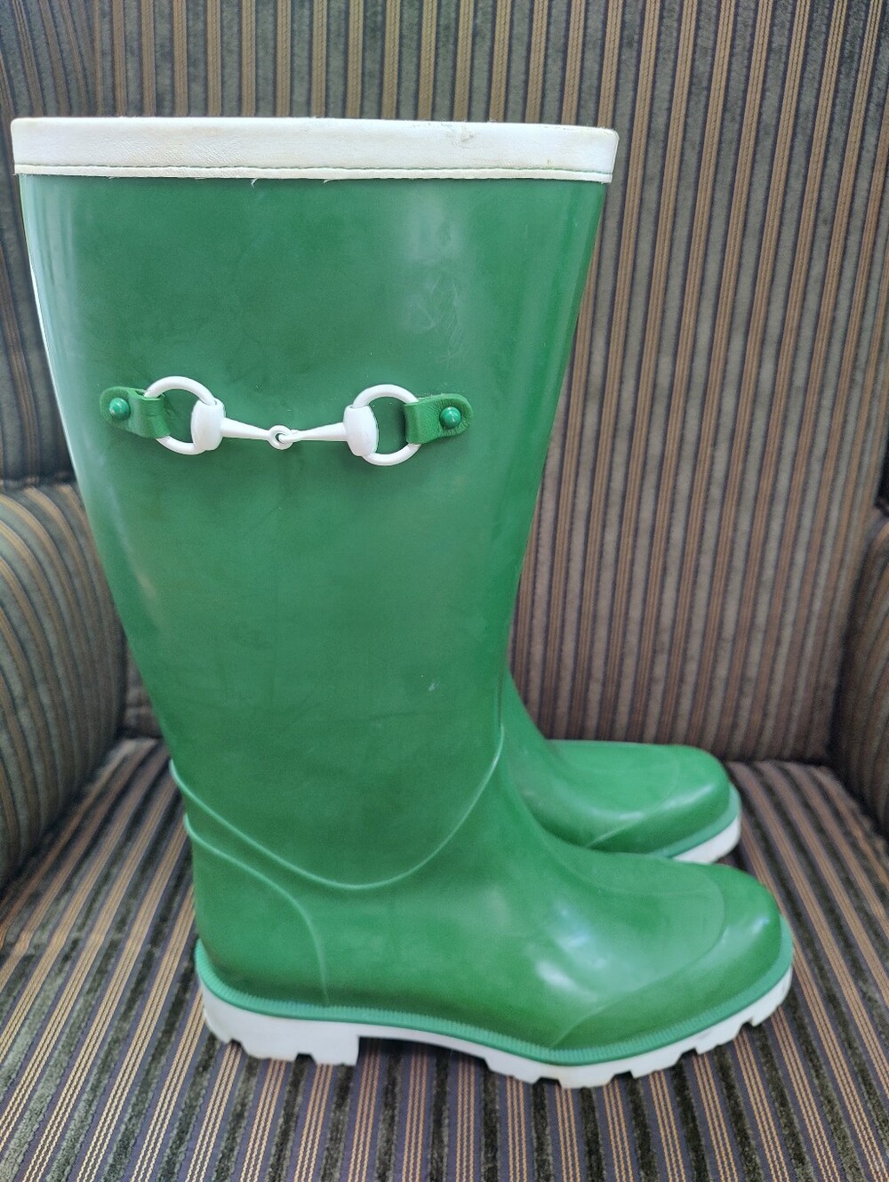 Gucci Green Rain Boots with White Trim and Bit Detail